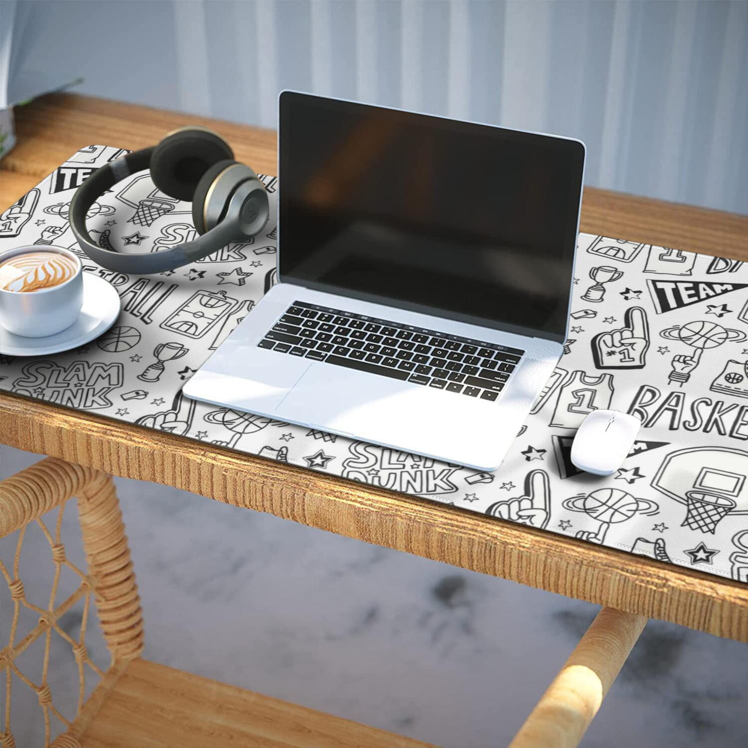 Long Mouse Pads for Desk,Basketball Doodle Pattern Desk Mats on Top Of Desks, Desk Mouse Pad Extra Large with 3mm Non-Slip Base and Stitched Edge for Gaming,Office,Work,Home 35.4"x15.7"