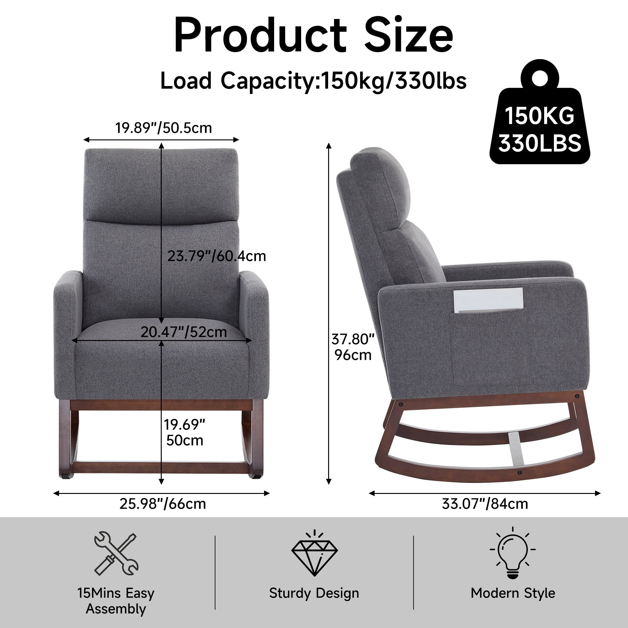 AUNEKIV Rocking Chair Nursery, Upholstered Accent Rockers, Nursing Glider Chairs for Bedroom, Grey