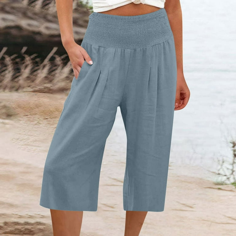 Womens Casual Capri Pants Smocked Elastic Waist Wide Leg Pants Cotton Linen  3/4 Summer Trousers with Pockets