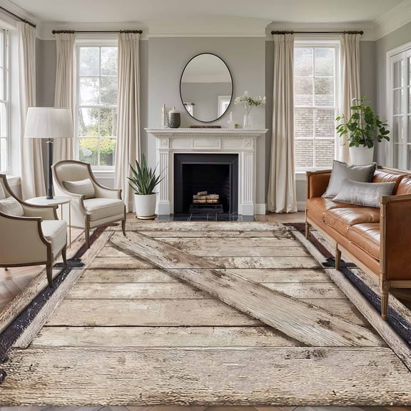 Rectangle Area Rugs 5 x 7 Ft, Farmhouse Wood Grain Non-Slip Residential Carpet, Vintage Country Barn Gate Brown Indoor Crawling Mats Runner Rugs for Living Room/Dining Room/Bedroom