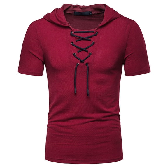 LEKWK Men's Sweatshirts and Hoodies Muscle Fit Short Sleeve Hoodie Lace up V Neck Summer Shirts Solid Gym Workout Casual Costume Top