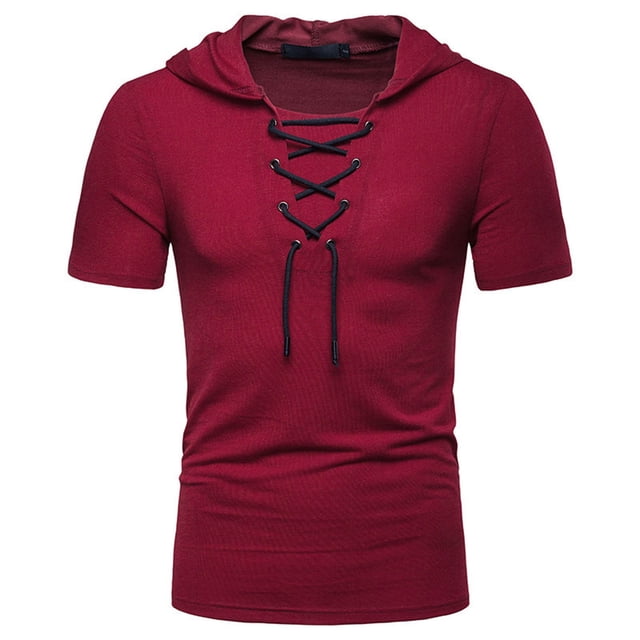 Ceisia Men's Slim Fit Short Sleeve Hooded Top Ribbed Texture Lace-Up Design Spring Summer Shirt Gift