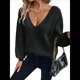 thumbnail image 2 of Suéter de Cuello en V con Hombros Descubiertos para Mujer, Camisa Ajustada de Larga, Suéter con Lazo en la Espalda Negro L, 2 of 8