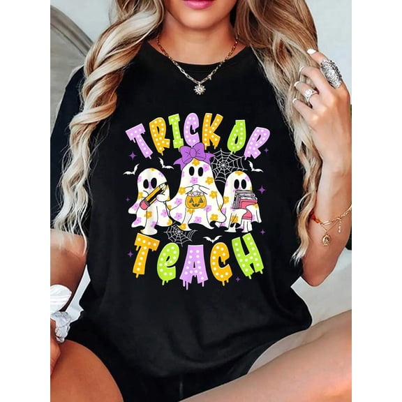 Women's Funny Ghost Trick Or Teach Teacher Halloween Graphic T-Shirt, Fall Casual Wear