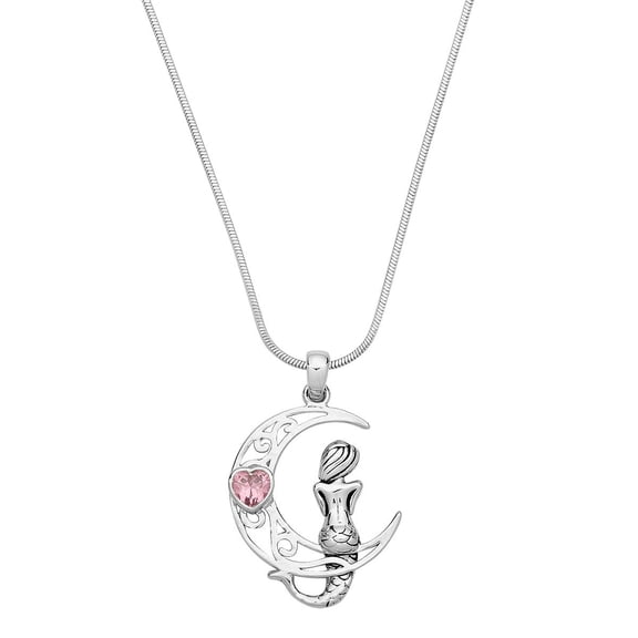 Mermaid Moon Pendant Necklace Rhinestone Crystal Rhodium Plated 17 Snake Chain J1096-PK