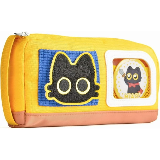 Estuche de gran capacidad con diseño de gato adorable, bolsa para lápices, papelería, bolígrafos para adolescentes, niñas y niños, con pegatinas mágicas e insignias decorativas, amarillo