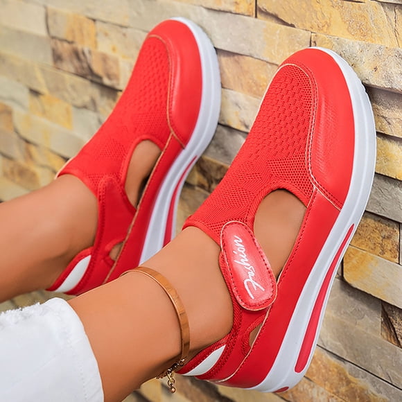 Commforr Women's Orthopedic Shoes Casual Fashion Breathable Mesh Platform Sneakers Slip On Round Toe Chunky Bottom Heels Canvas Shoes Arch Support Work Sneakers Comfortable Walking Flats, Red, 6