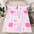 thumbnail image 2 of Pink Patchwork Queen Size Sheet Set 4-Piece, Girls Pink Bowknot Bed Sheets Set Cute Ballet Shoes Pattern Sheets, Princess Style Plaid Flat Fitted Sheet, Pink Purple, 2 of 6