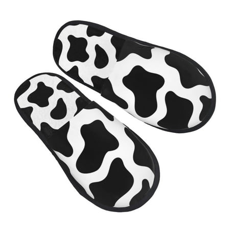 

KLL cow Print Black White Slippers For Women Men House Slip On Indoor Outdoor Bedroom Furry Fleece Lined Ladies Comfy Anti-Skid Rubber Hard Sole-Medium