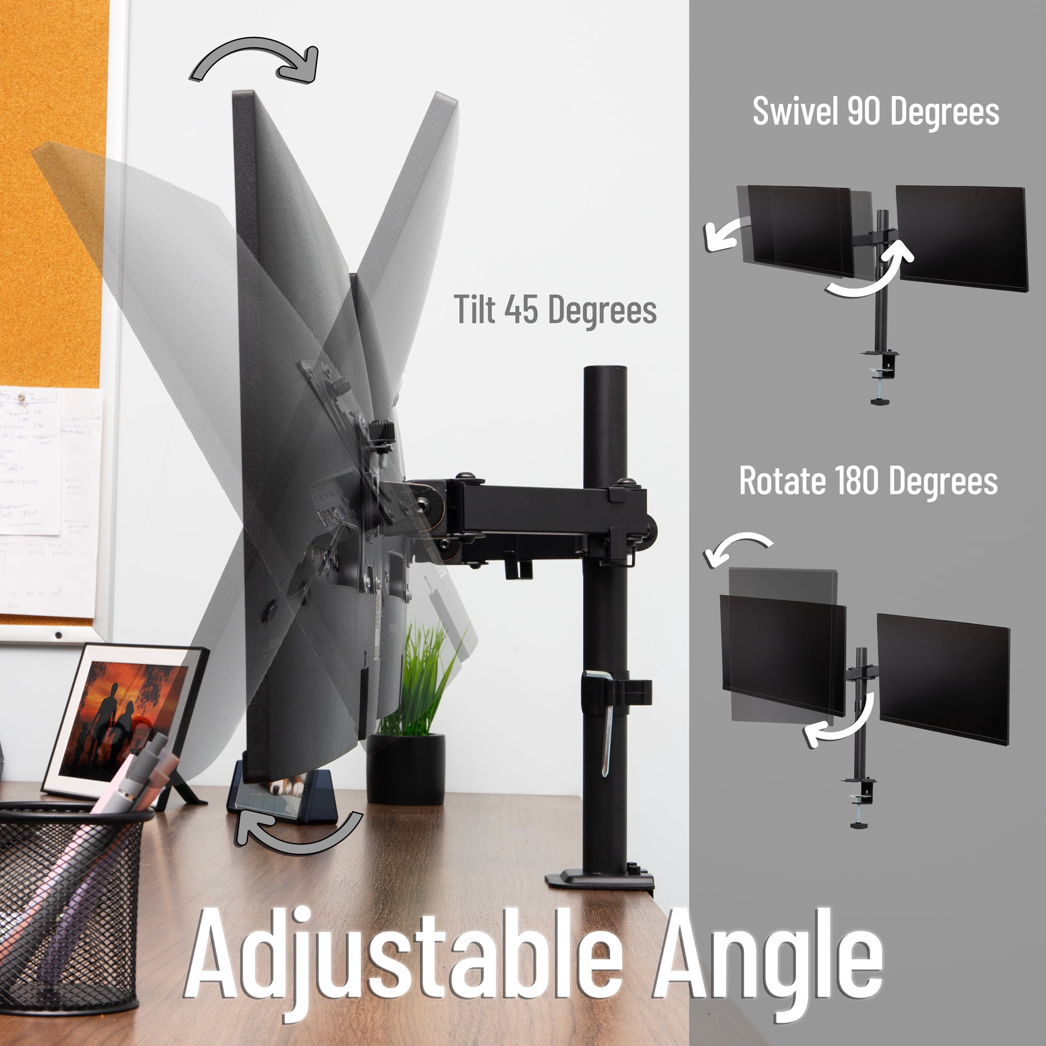 Mind Reader Dual Monitor Desk Mount for 13"-32" Screens, Adjustable VESA Mount with 180° Rotation, ±90° Swivel, ±45° Tilt, 17.6 lb Capacity Each, Black