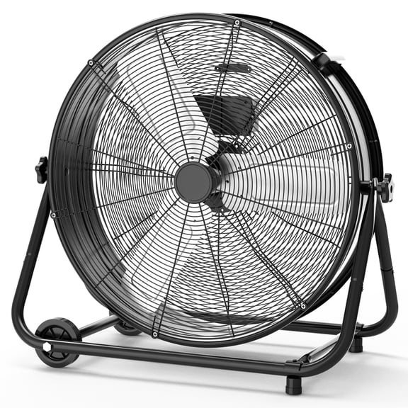 24 in High Velocity Industrial Drum Fan, Heavy Duty 3 Speed Adjustable 4800-8800 CFM, Commercial Floor Fan with 360° Tilt & Wheels for Garage, Workshop, Warehouse, Black