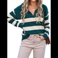 thumbnail image 2 of Suéter de Rayas con Cuello en V para Mujer, Jersey de Punto Holgado de Larga, Tops de Otoño. Verde Oscuro L, 2 of 10