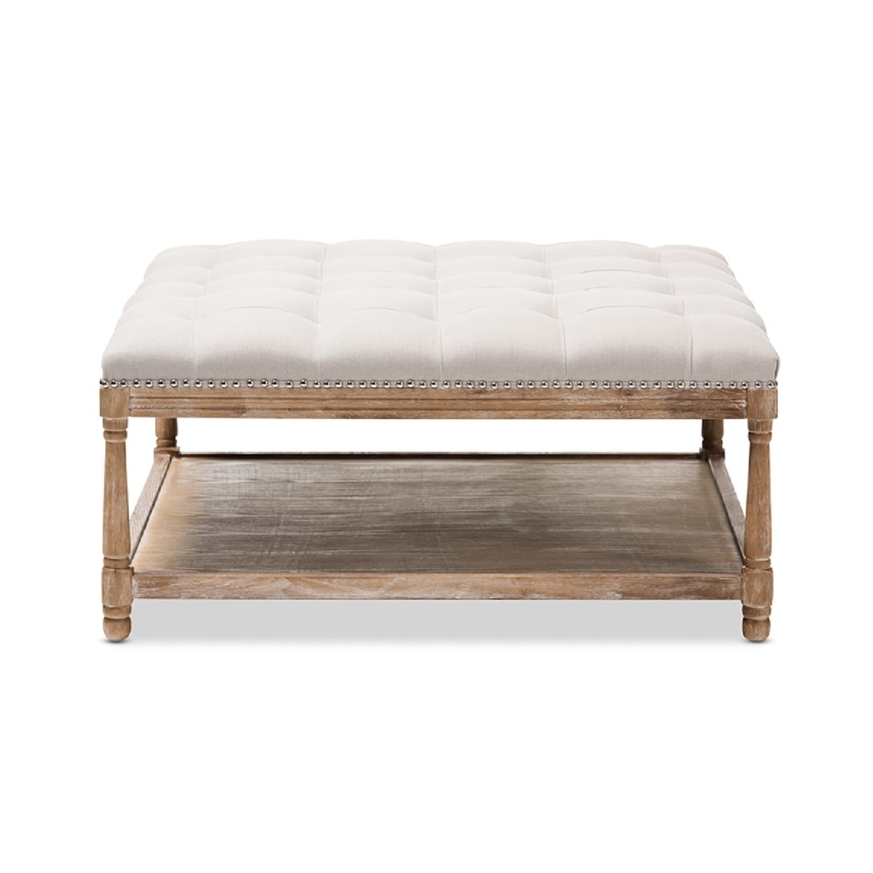 Baxton Studio Carlotta Oak Beige Linen Square Coffee Table Ottoman