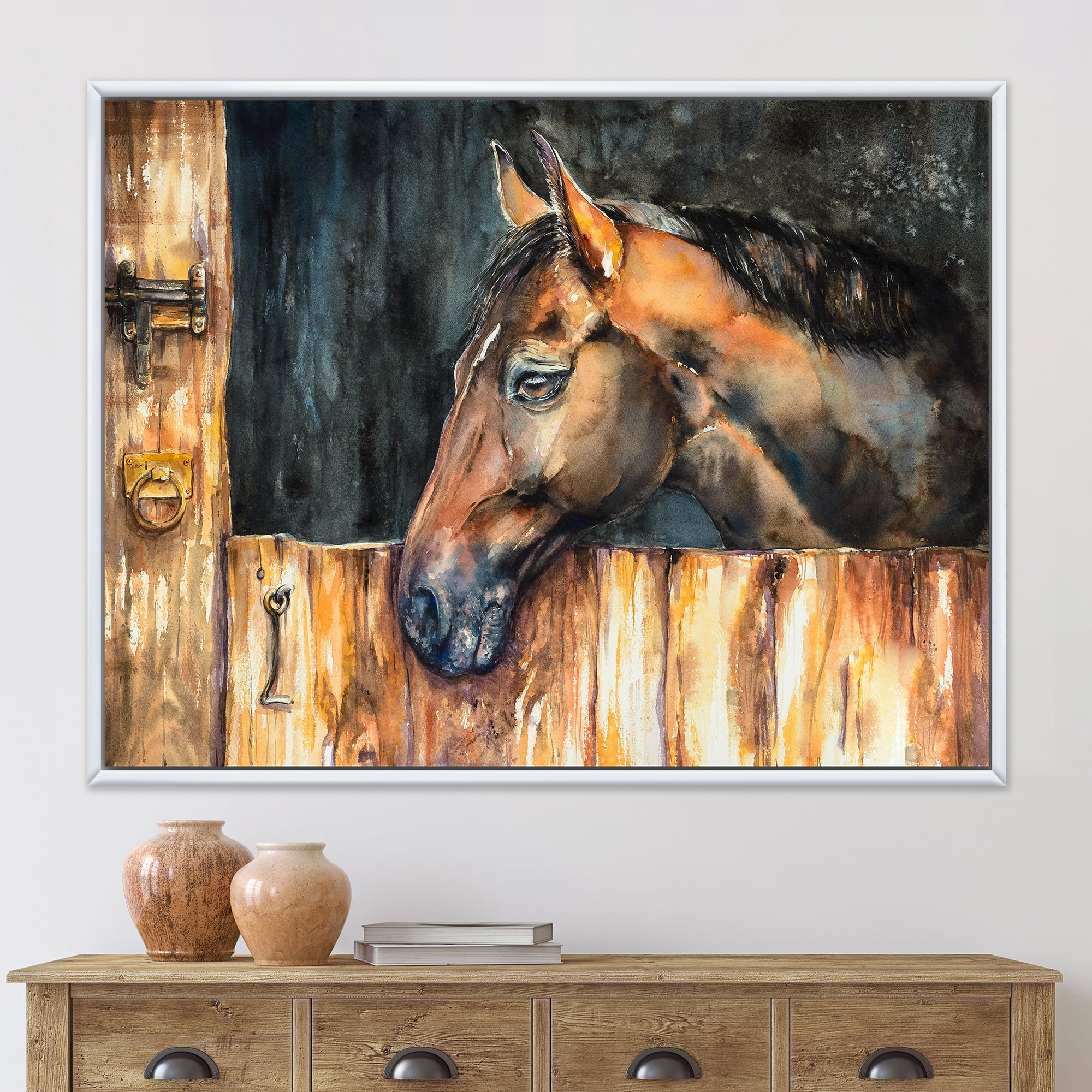 Designart 'Close Up Of The Head of A Horse In Stable' Farmhouse Framed Canvas Wall Art Print