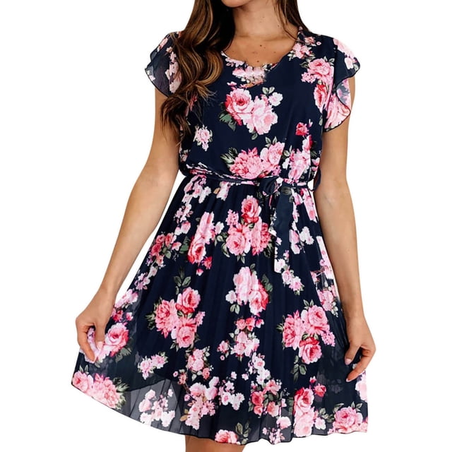 Moda verano mujer verano cuello redondo estampado volantes sin mangas cintura elástica vestido Pompotops hdfakjf2813