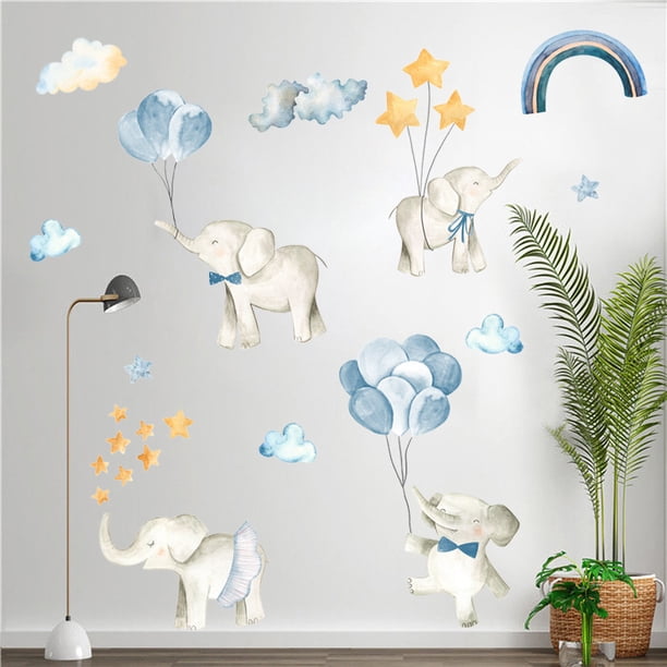 Adhesivos de pared con dibujos animados de elefantes con globos para habitación de niños