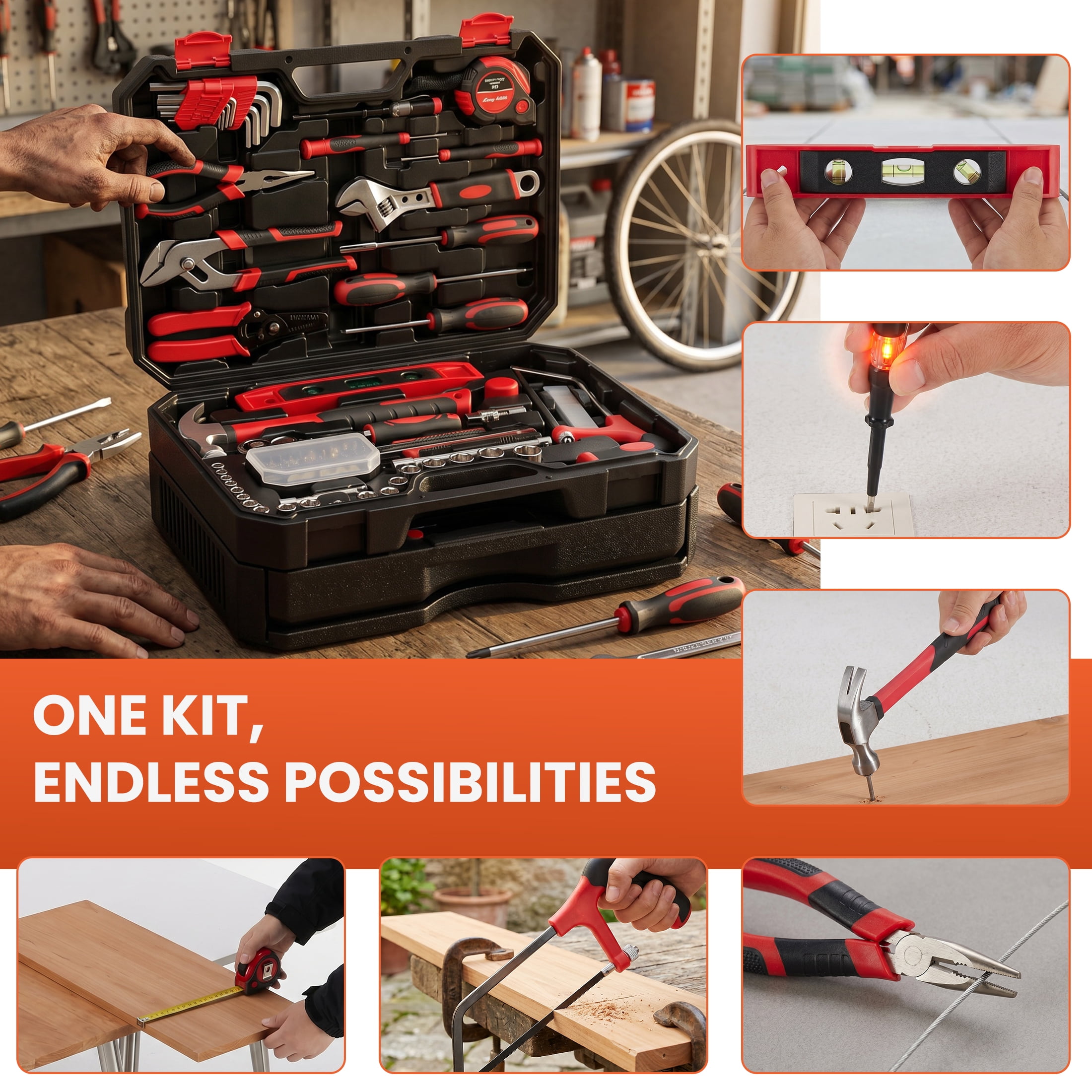 EDX 330-Piece Household Tool Set, Universal Home and Auto Repair Tool Kit with Drawer Toolbox Storage, Black and Red