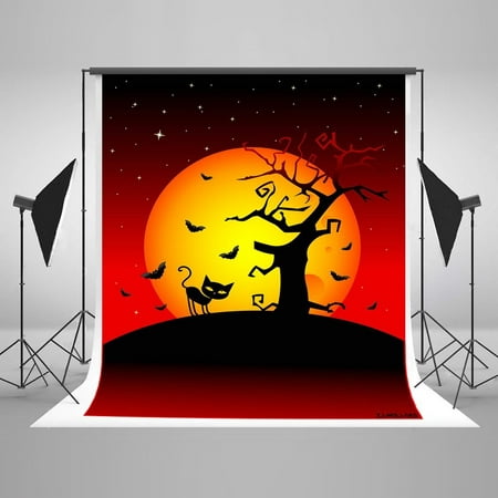 Image of MOHome 5x7ft Halloween Photography Backdrops Red Night Black Bats Tree Cat Photo Studio Backgrounds