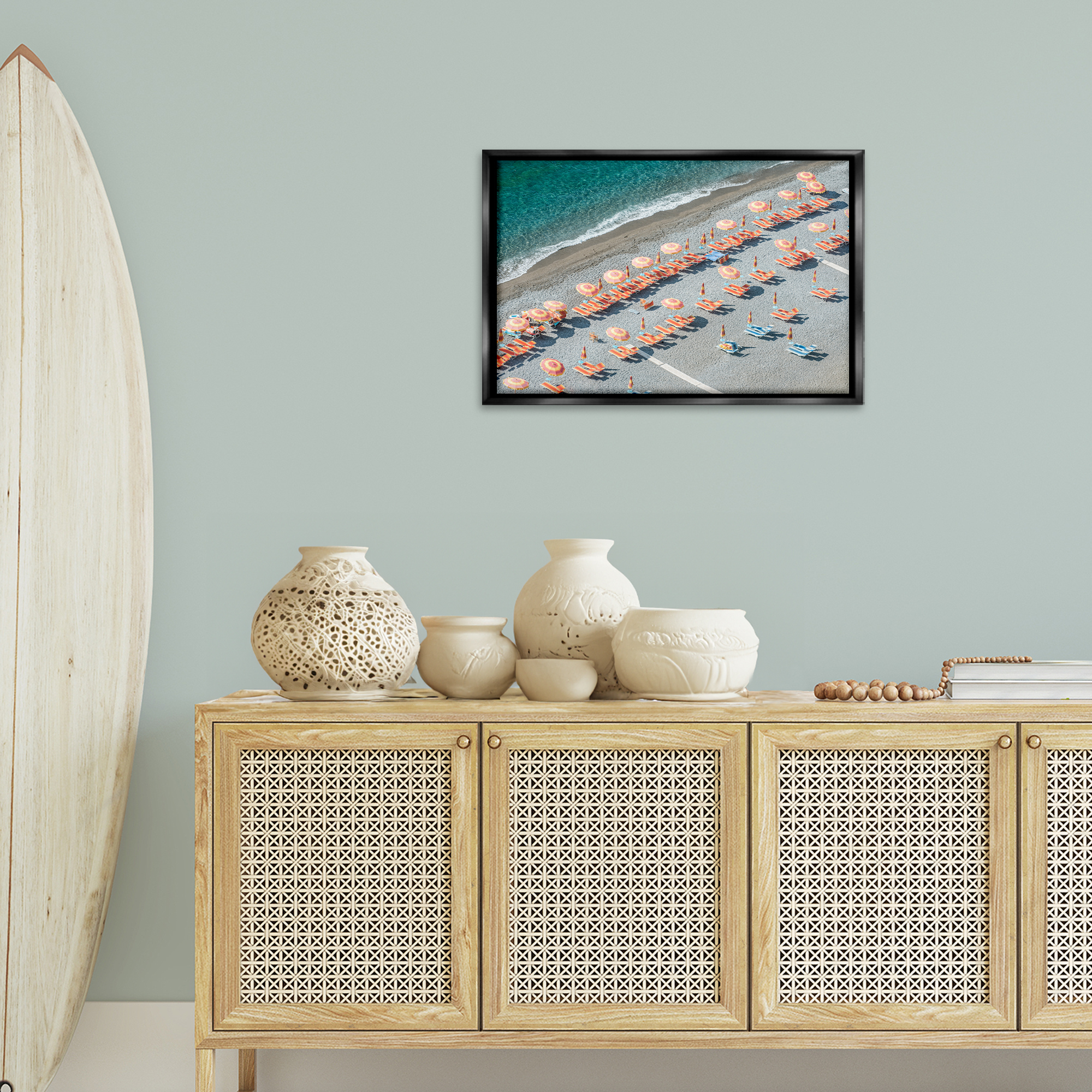 Stupell Industries High Tide Beach Umbrellas Landscape Painting Black Floater Framed Canvas Art Print Wall Art, 25 x 17