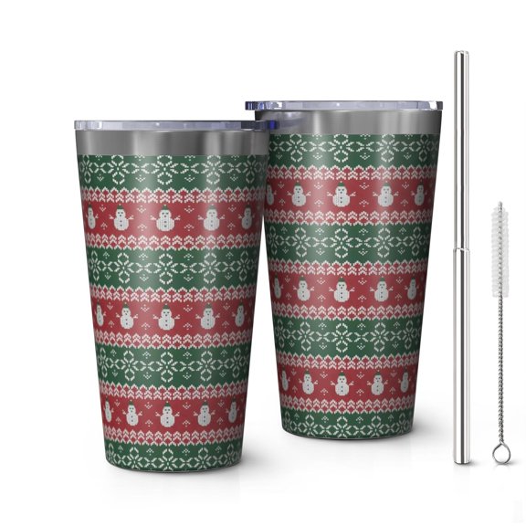 16oz Tumblers Red and Green Christmas Snowman Pattern Stainless Steel Vacuum Insulated Double Wall Travel Tumbler Cups Mug with Lid and Straw,Cleaning Brush for Coffee,Tea