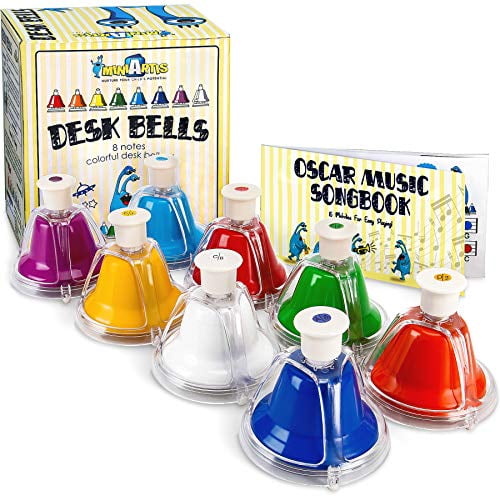 MINIARTIS Desk Bells Set for Kids | 8 Notes Diatonic Colorful Metal Hand Bells | Kids Musical Instruments | Music Songbook & Carry Case Included | Great Holiday Birthday Gift for Children