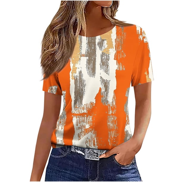 Camiseta de Manga Corta de Verano para Mujeres Delgada Moda Casual Impresa No Estructurada Cuello Redondo Mujer Manga Corta Tops Casual