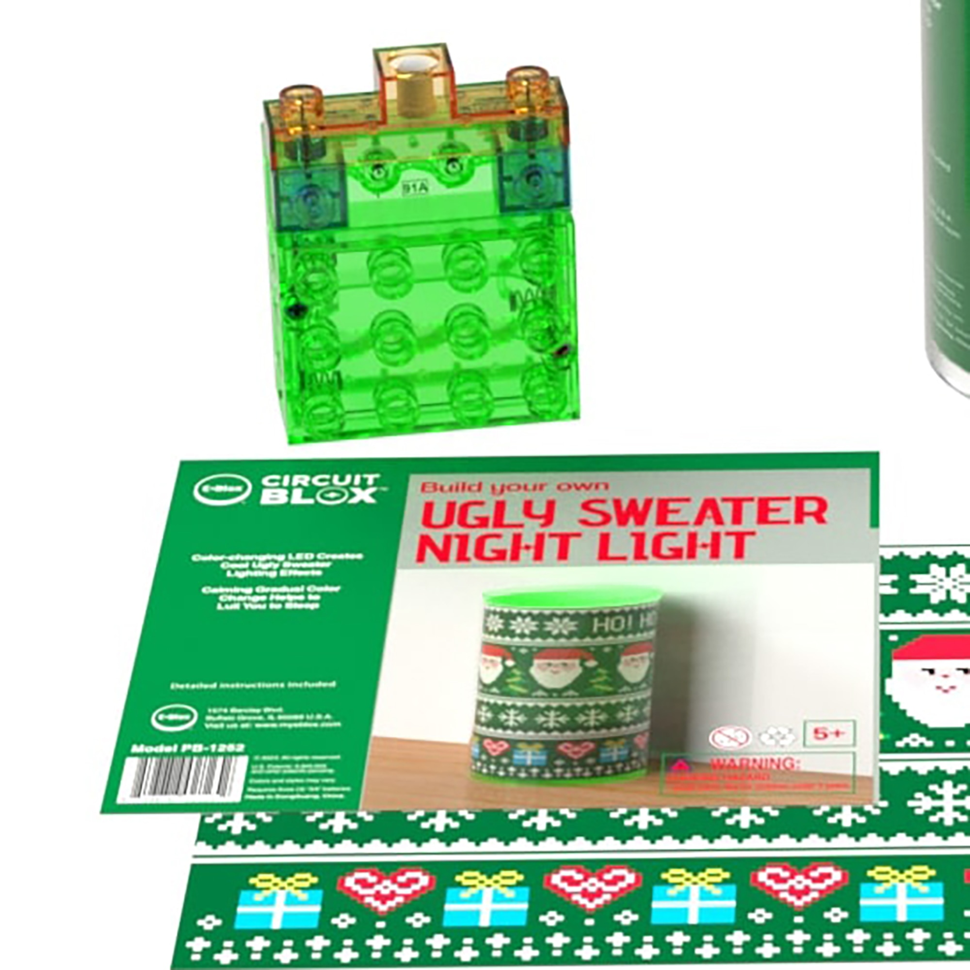E-Blox: Power Blox BYO: Holiday Night Light - Ugly Sweater 1 - Glowing Color Changing LED Block, Image Projection Slip, DIY Craft Kit, Kids Ages 5+