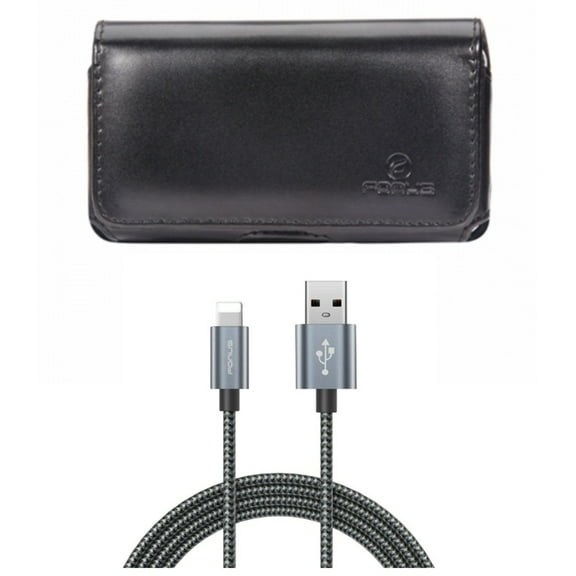 Charger Cord 10ft USB Cable w Leather Case Belt Clip for iPhone XS Max - Power Wire Braided Long Sync and Swivel Holster Loops Cover Pouch