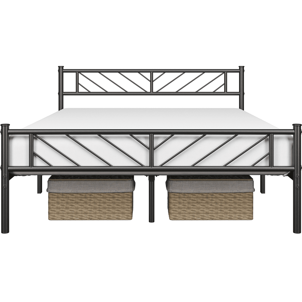 Fullfurnique Minimalist Metal Platform Bed with Arrow Design Headboard for Adults, Full, Black