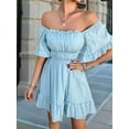 thumbnail image 5 of Women'S Summer Off Shoulder Mini Dress Ruffle Sleeve Elastic Waist Ruffle Hem Cute Beach Elegant Short Dresses Blue S, 5 of 9