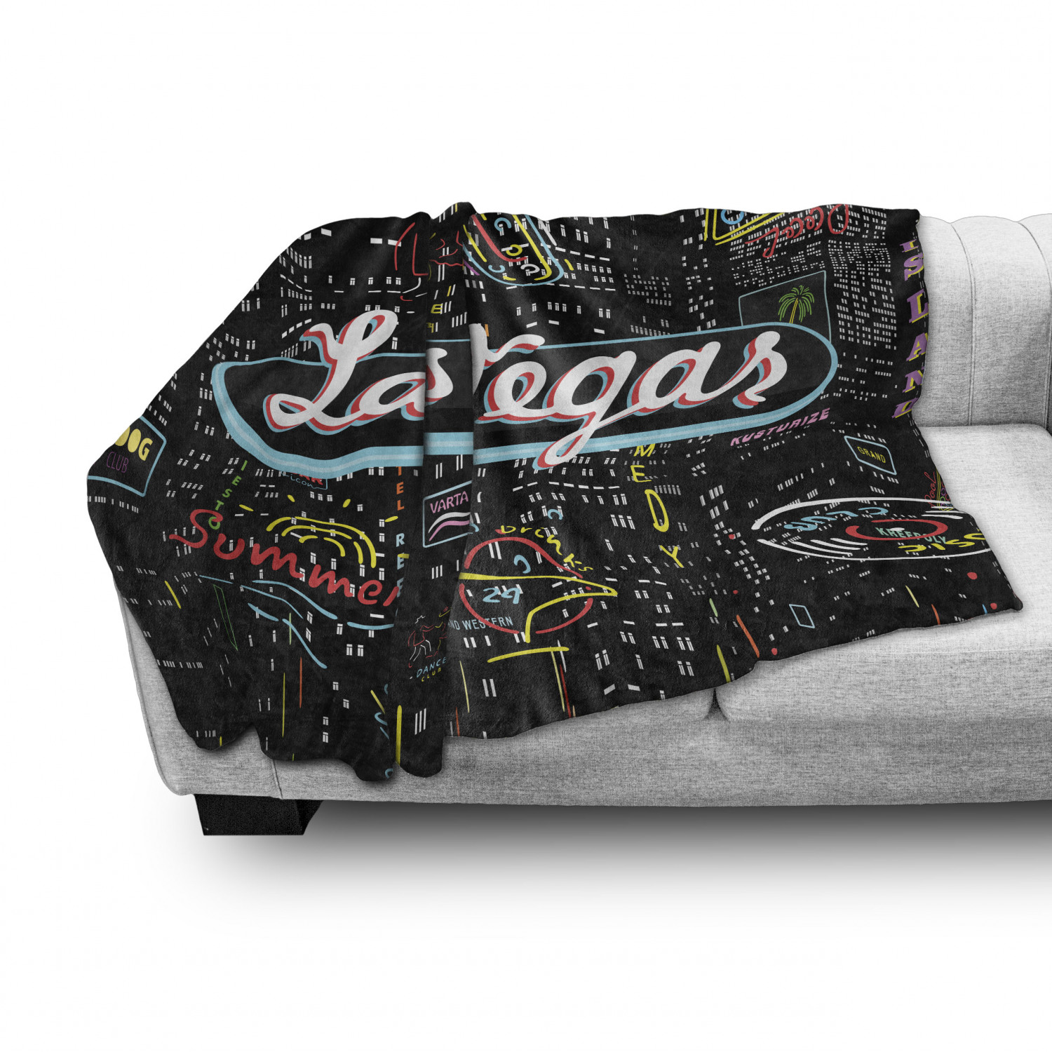 Las Vegas Soft Flannel Fleece Blanket, Colorful Elements of Vegas Entertaintment Monochrome Buildings Sax and Bar Signs, Cozy Plush for Indoor and Outdoor Use, 50" x 70", Multicolor, by Ambesonne - image 3 of 6