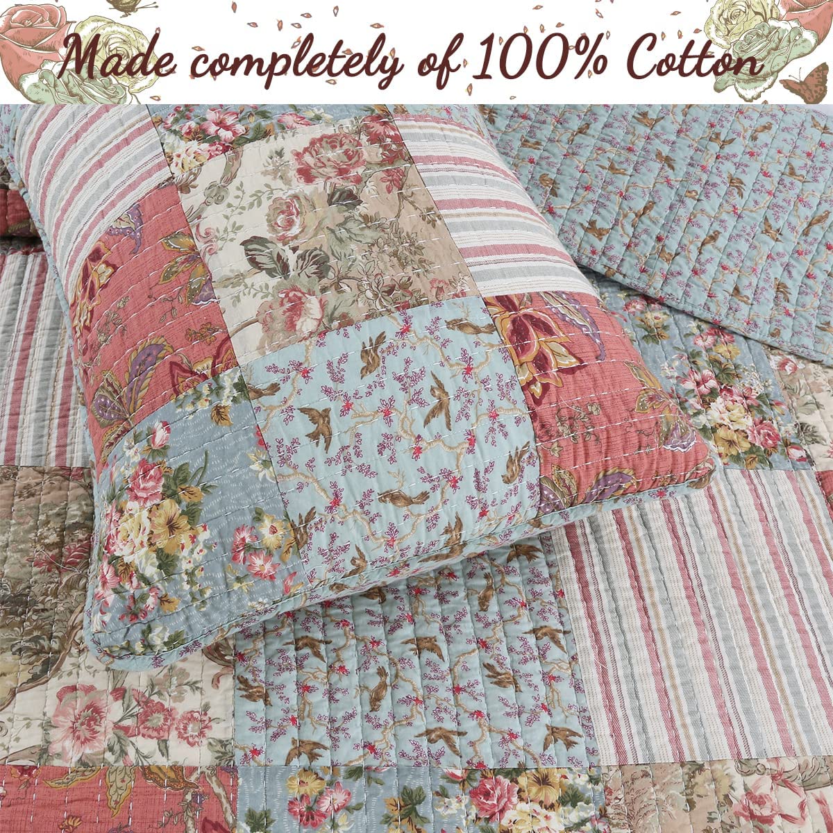 Cozy Line Sophiea Roseman 100% Cotton 3-Piece Quilt Bedding Set, King Set