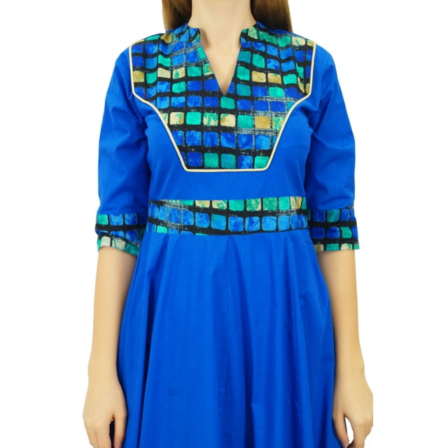 Bimba Kurti en Coton pour Femmes, Manches 3/4 Évasées Anarkali, Tunique Indienne de Designer/bleu Royal/ 6