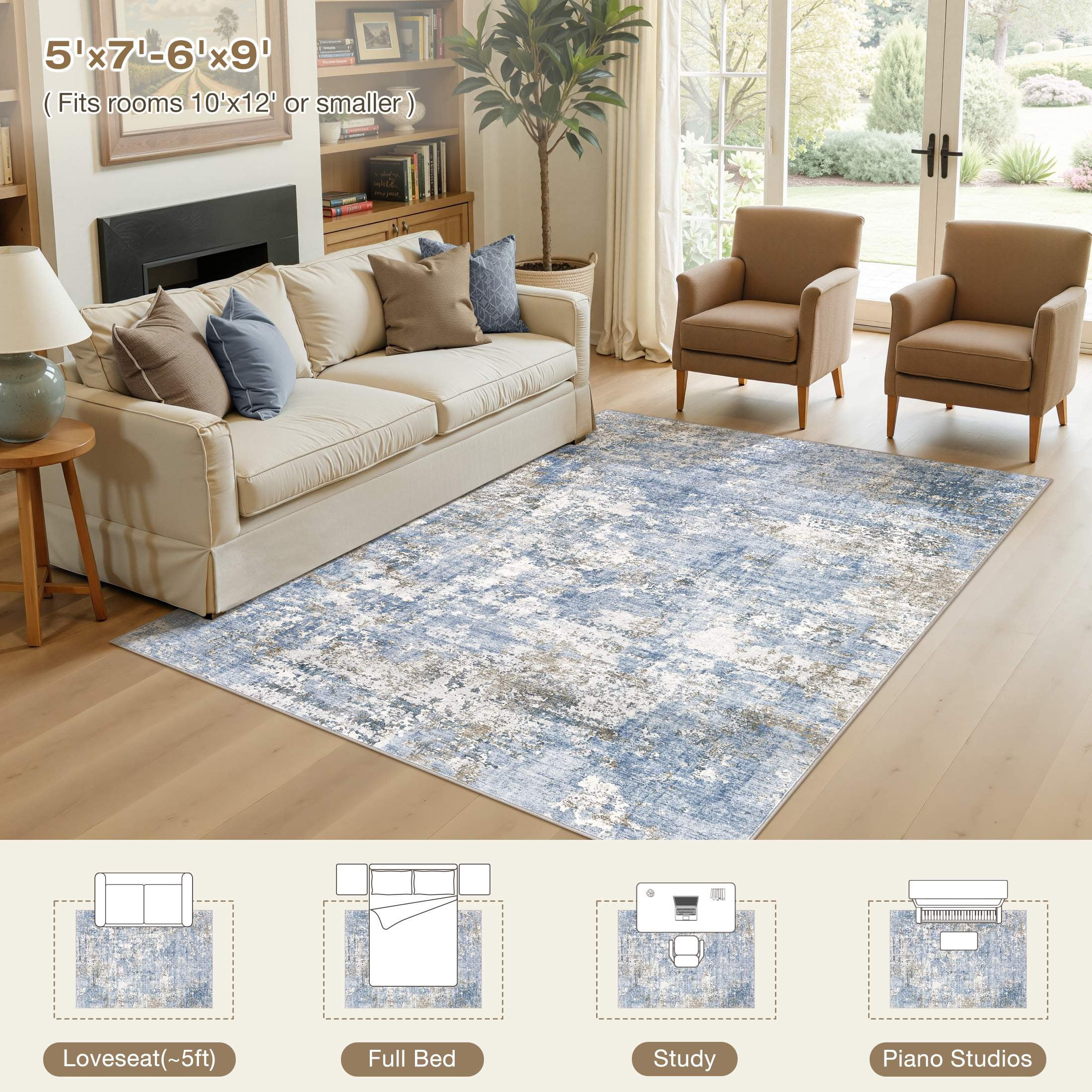 UERMEI 6'x9' Area Rugs for Living Room, Washable Non-slip Soft Indoor Modern Abstract Rug for Bedroom Dining Room Office Home Decor Carpet, Glacier Blue