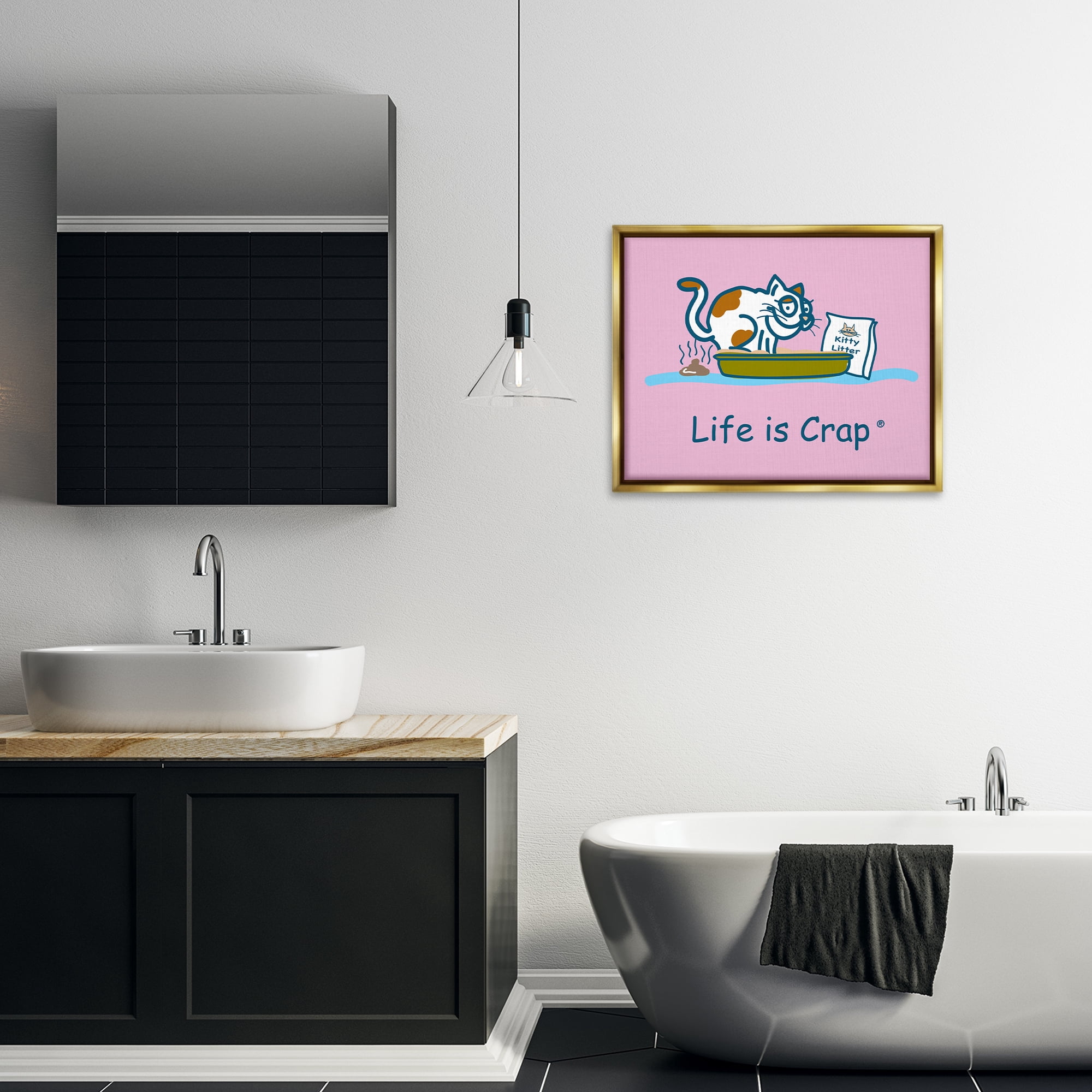 Stupell Industries Kitty Litter Funny Novelty & Humor Painting Gold Floater Framed Canvas Art Print Wall Art, 31 x 25