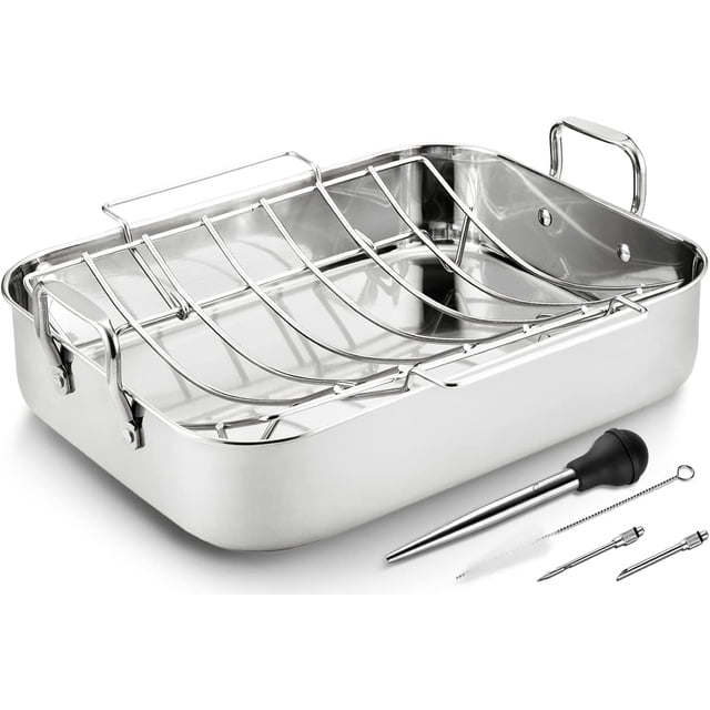 JY COOKMENT Roasting Pan with Baking Rack, 16.5 Inch Stainless Steel Turkey Roaster with Rack, Baster. Great for Turkey, Chicken, Ham, Vegetables