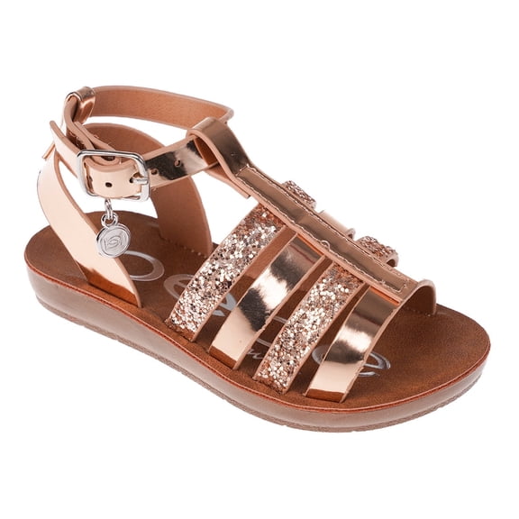 bebe Girl's Shiny Gladiator Flat Sandals with Glittery Strap Design - Flat Sandals for Toddler, Rose Gold, 8