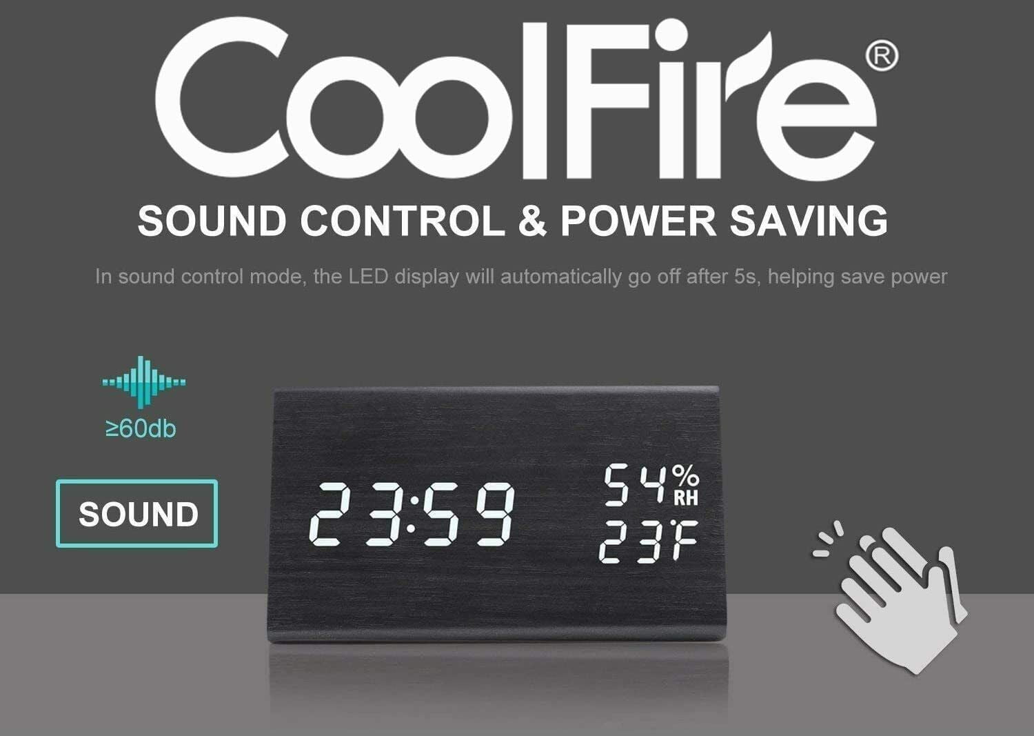 CoolFire Wooden Vibrating Alarm Clock for Heavy Sleepers Adults, Wake Loud Alarm Clock for Heavy Sleepers, Bed Shaker Alarm Clock, Smart Alarm Clock (Black)
