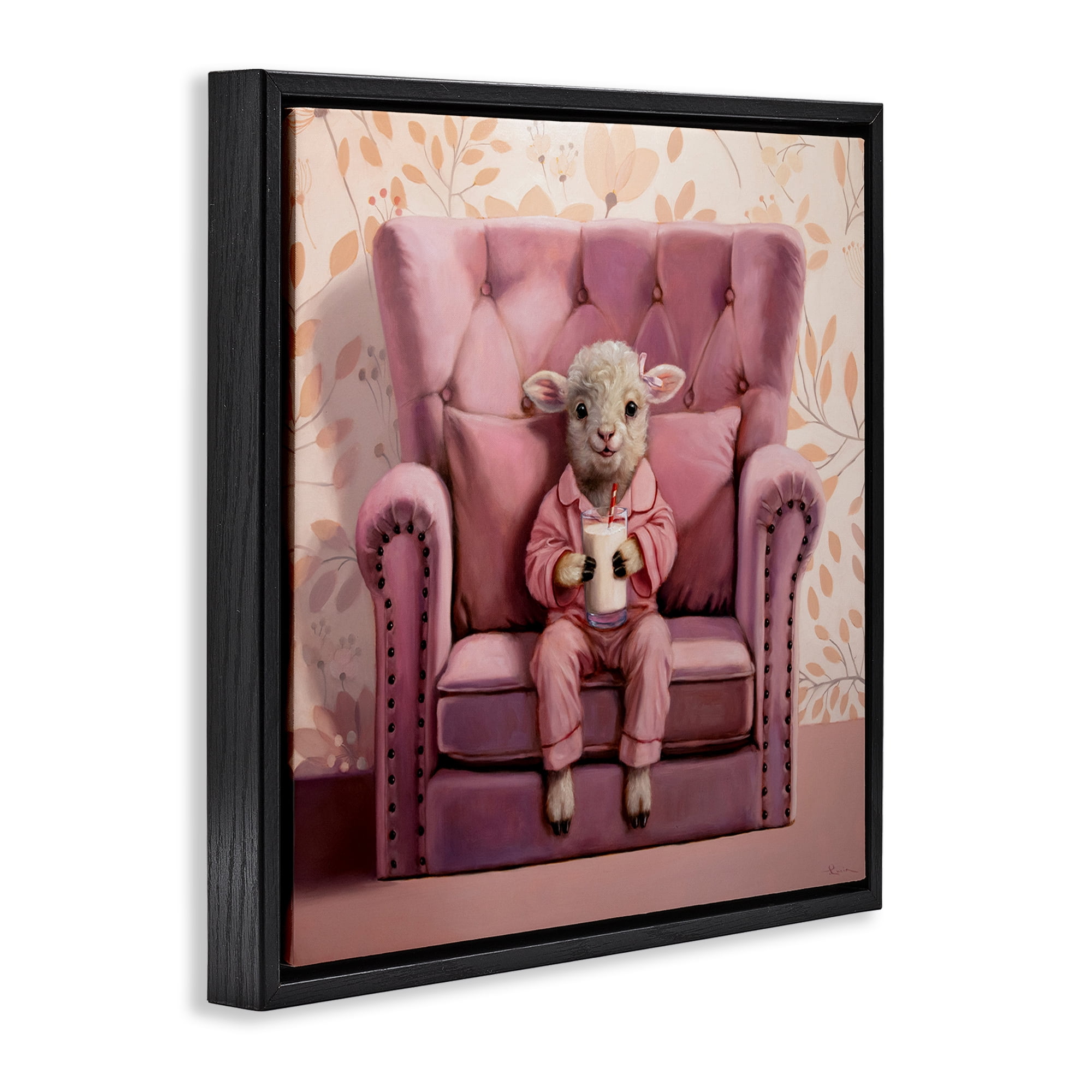 Stupell Industries Baby Cow in Pink Chair Animals & Insects Painting Black Floater Framed Canvas Art Print Wall Art, 25 x 25