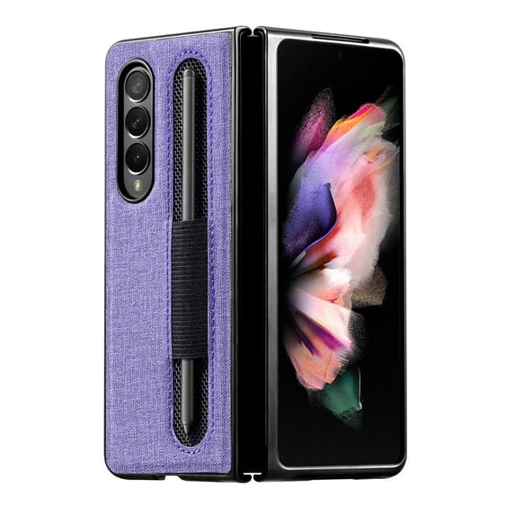 ELEHOLD for Samsung Galaxy Z Fold 3 Luxury Case Cloth Texture Pen Slot Shockproof Anti-Fingerprint Protective Case for Galaxy Z Fold 3,Purple