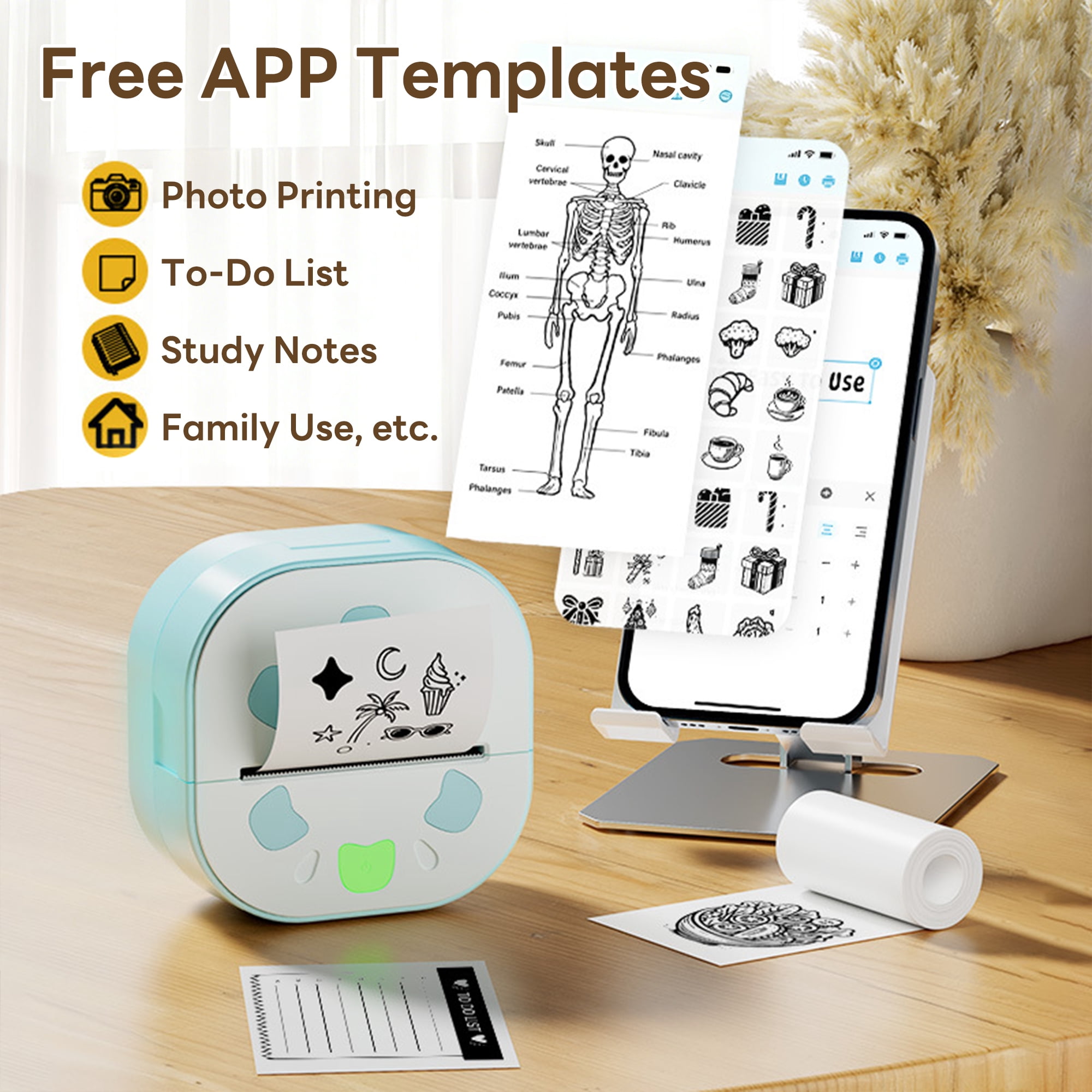 Pecham Sticker Printer, Portable Bluetooth Inkless Thermal Mini Printer with 3 Rolls for Notes, Gifts, Journals, Planners, Scrapbooking