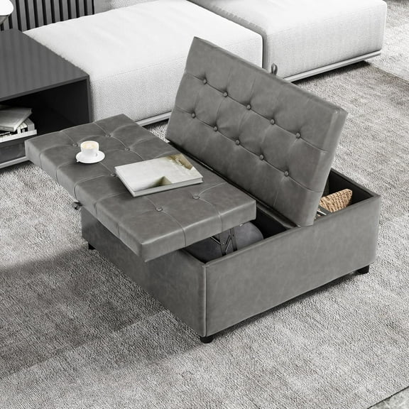 LINLUX 35.5 Inch Square Leather Storage Ottoman, Large Ottoman Coffee Table, Lift Top Tufted Toy Box Footrest for Living Room, Grey