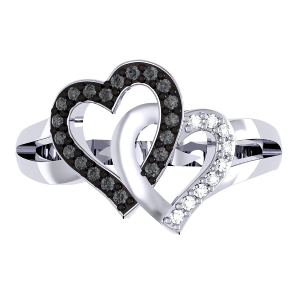 0.25 Carat (ctw) Sterling Silver Black & White Diamond Ladies Split Shank Heart Love Promise Ring 1/4 CT