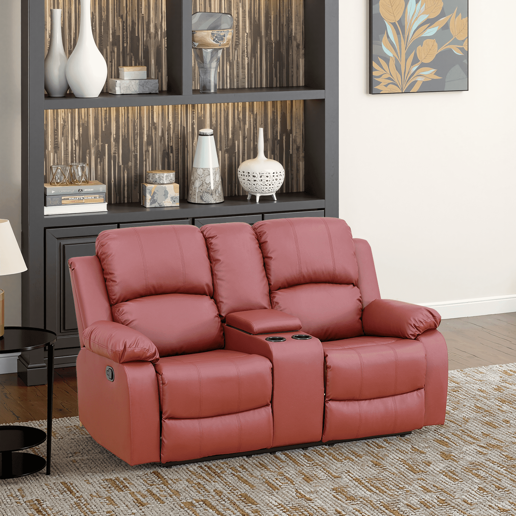 MAYEERTY Power Reclining Loveseat, Electric 2-Seat Leather Recliner with Storage & Cup Holders for Living Room, Red