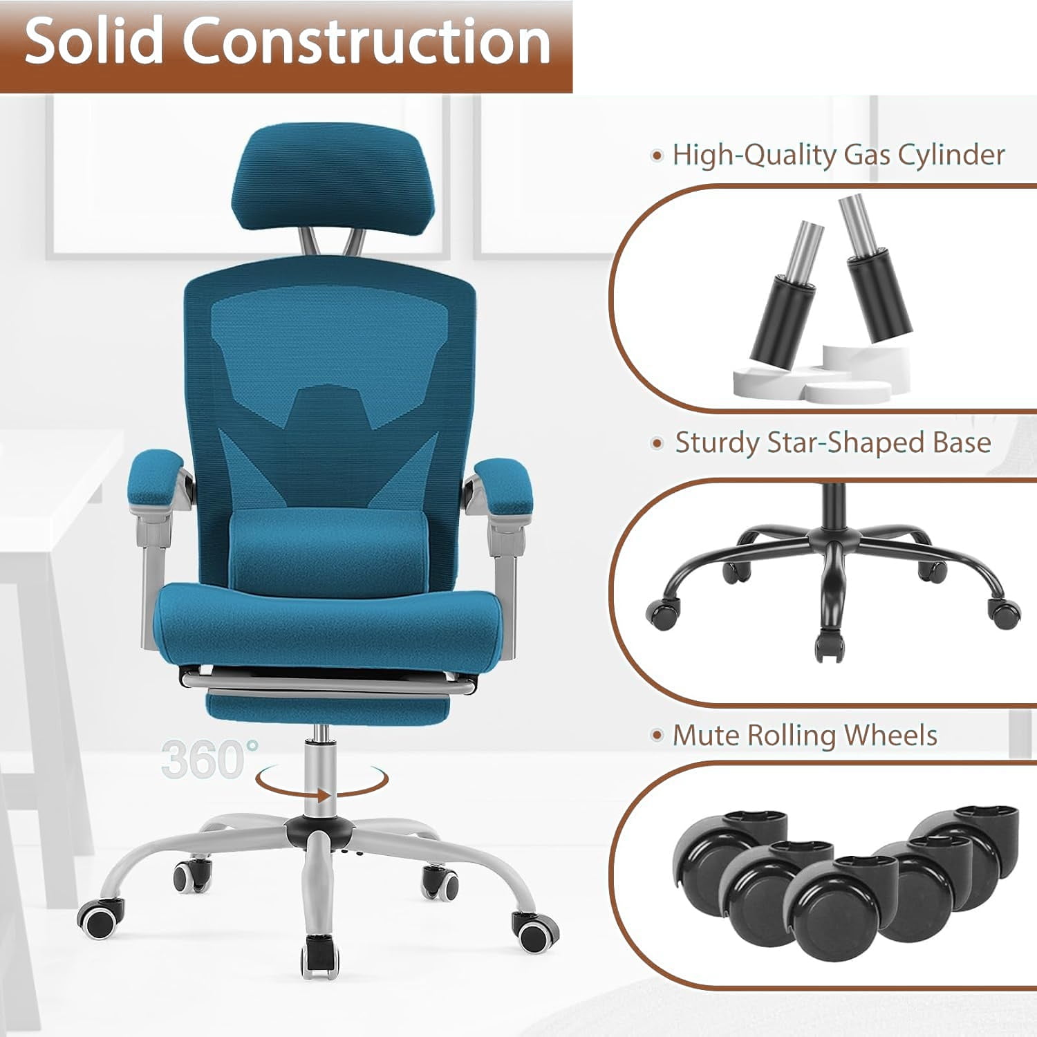 Office Computer Desk Chair, High-Back Ergonomic Mesh Swivel Chair with Lockable Recline, Adjustable Lumbar Support, Retractable Footrest & Padded Arms for Home Office, Study, and Gaming, Blue