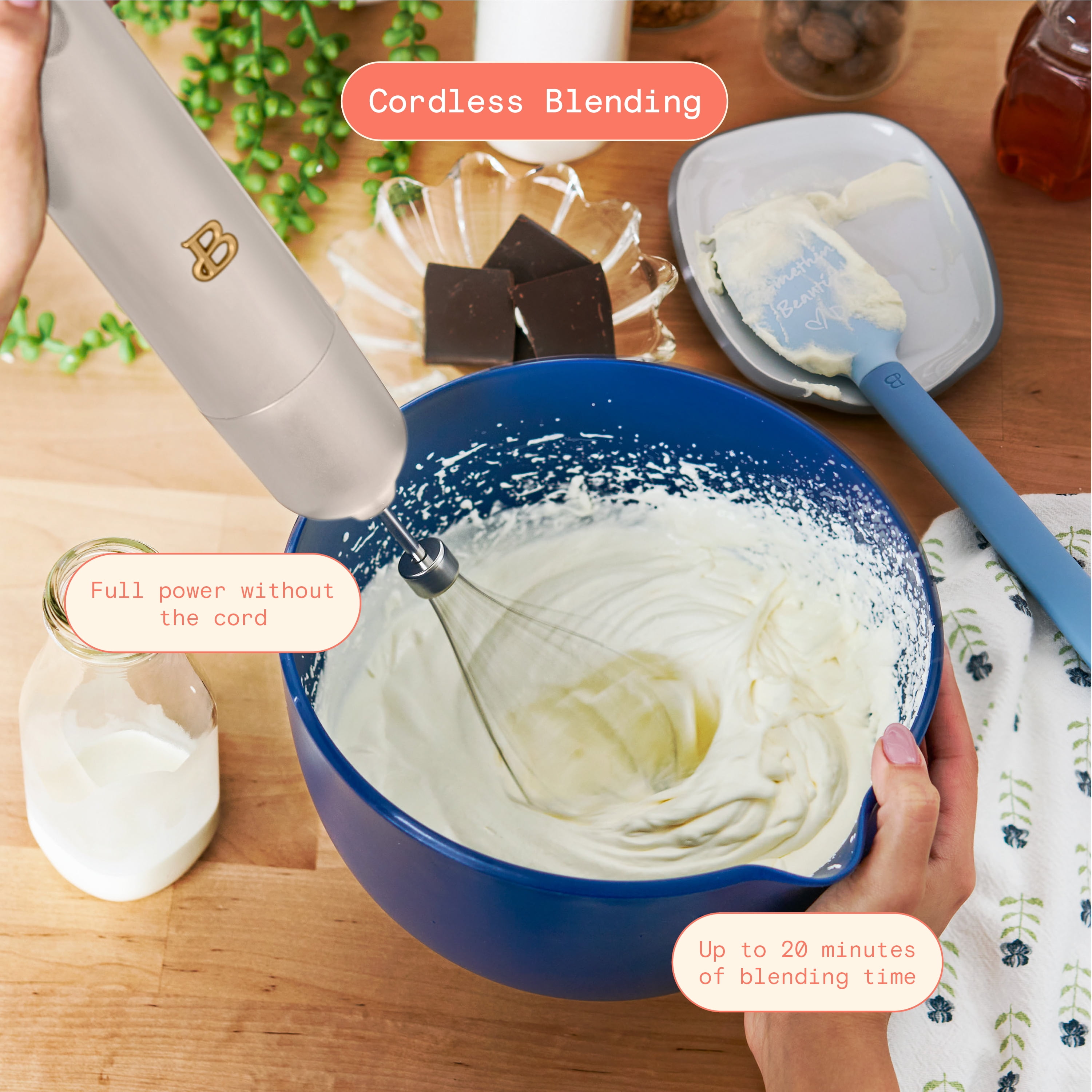Beautiful Cordless Immersion Blender with Chopper, Whisk & Measuring Cup, Porcini Taupe by Drew Barrymore