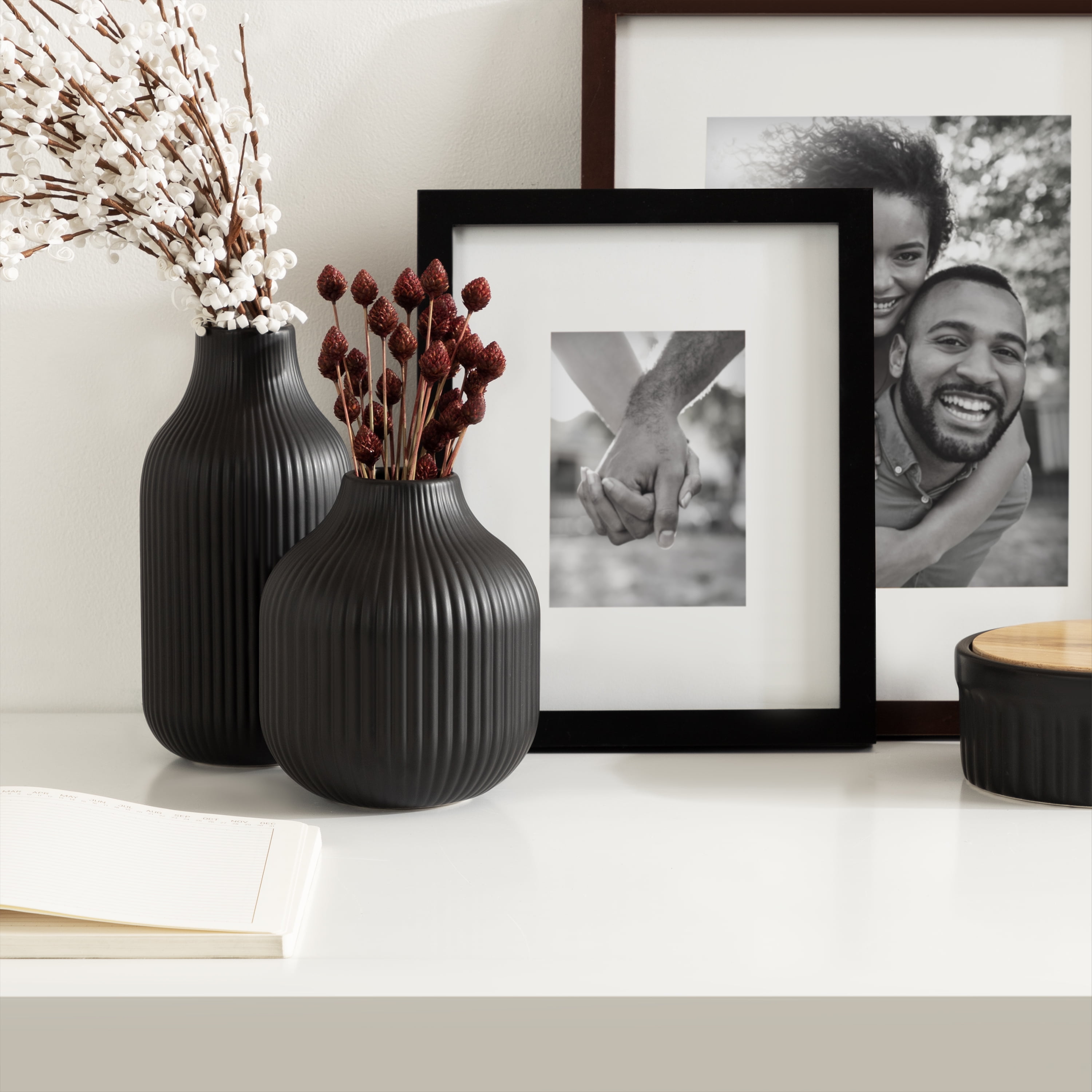 (2 pack) Better Homes and Gardens 6.5" and 8" Black Ceramic Vase 2 piece Set