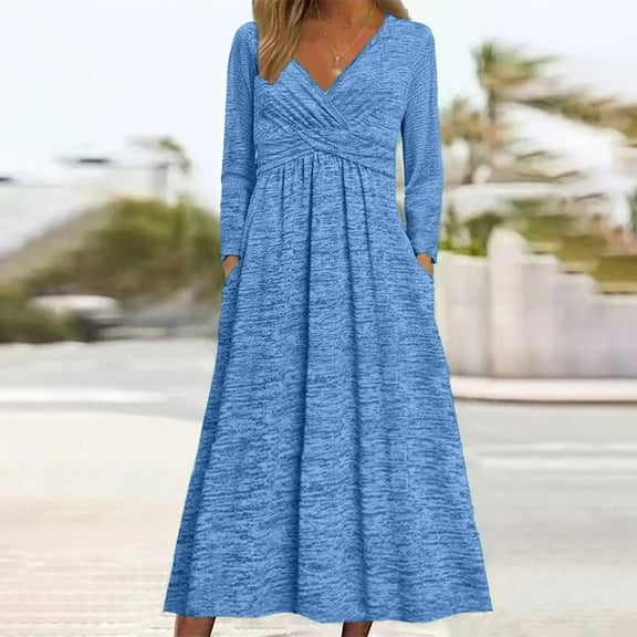 Uoodti Women's Casual Long Sleeve Maxi Gift Dress Ruched Cross V Neck High Waisted Fall Comfy Dresses with Pockets Loose Daily