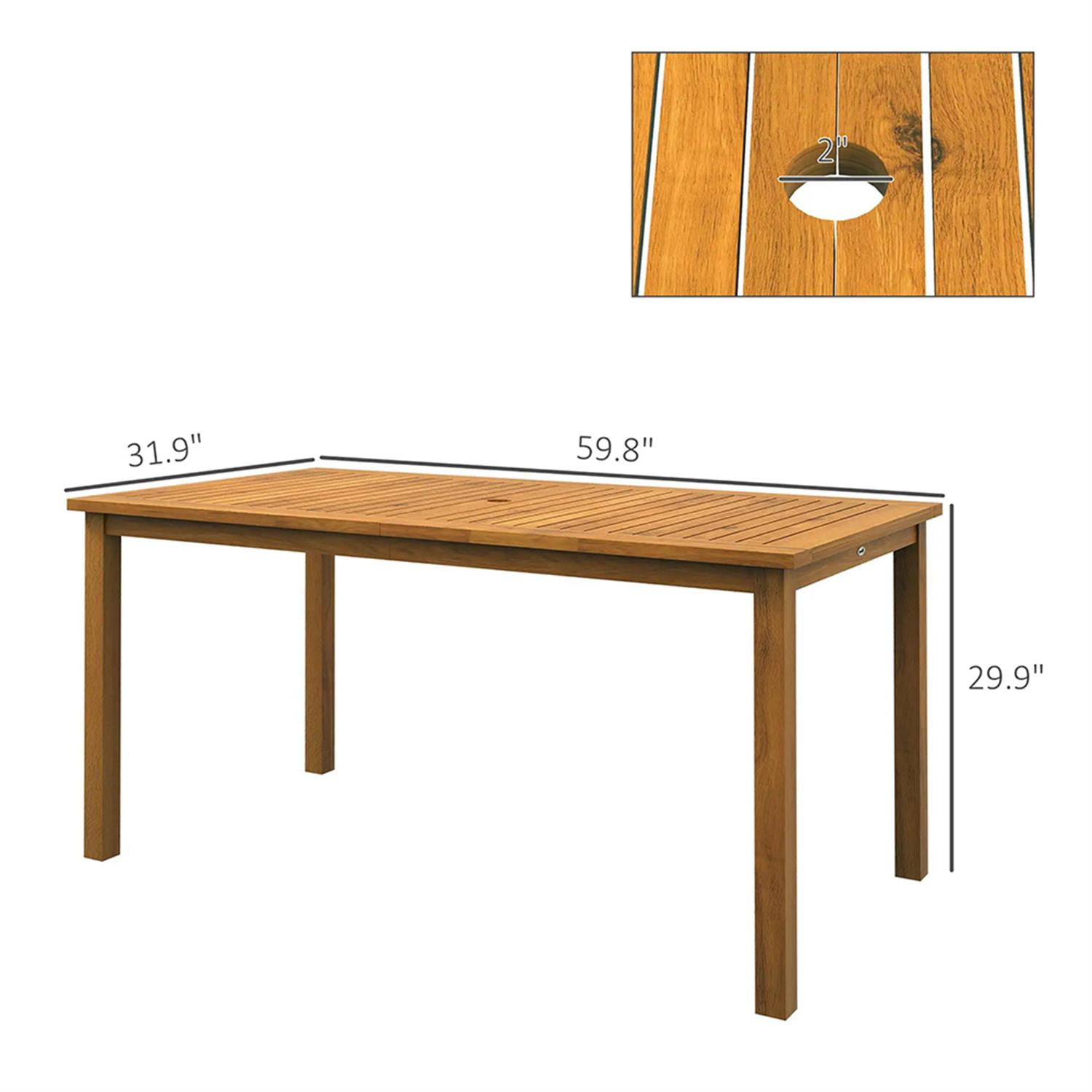 Demi Bonn 6 People Outdoor Dining Tables with Umbrella Hole, Acacia Wood Rectangle Patio Table, Garden Dining Table for Backyard, Lawn, Porch, Brown