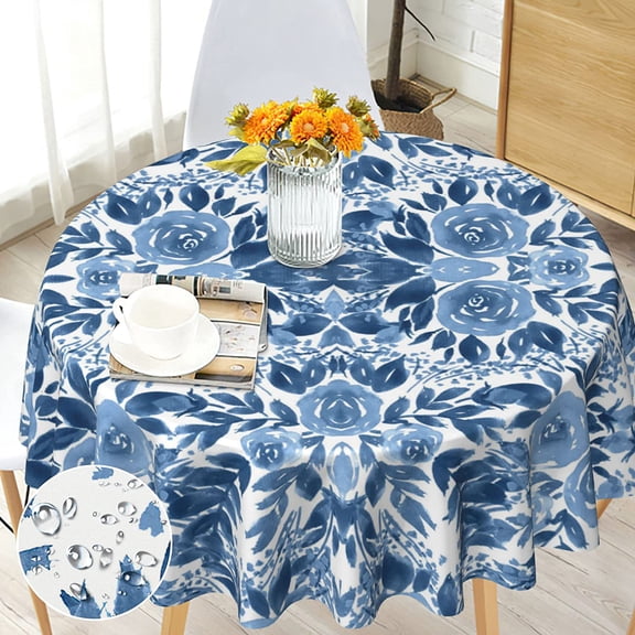 Floral Round Tablecloth 60 inch for Dining Kitchen Party Indoor Outdoor | Washable Spring Blue Flower Circle Table Cloth Cover, Polyester, Waterproof, Stain Resistance, Wrinkle-Free, 4-6 Seats